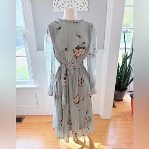 Green & pink Floral Pleated Midi Dress size small